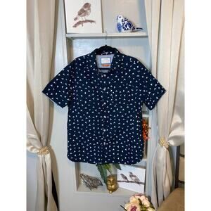 Denim & Flower size XL 100% Cotton Slim Fit White Birds Navy Blue Button Down